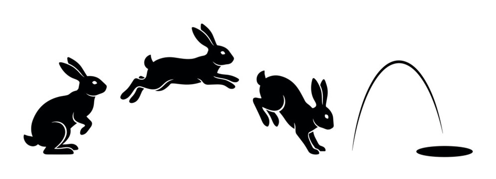 Black rabbit silhouette animation sequence showing an animal jumping into a hole, a minimalist graphic vector illustration of movement and trajectory in several phases