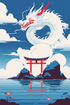 White Dragon in the sky with Torii gate reflected on water surface. 白龍 龍神 鳥居 水鏡 浮世絵風