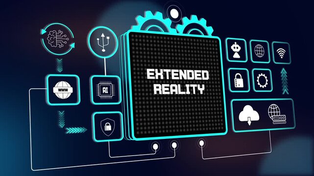 Cinematic hud animation showing extended reality for advanced cross platform digital experiences and futuristic tech research