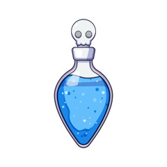 Blue liquid potion bottle featuring a skull shaped stopper, ideal for themes of poison, magic, fantasy, games, halloween, danger, and toxic substances
