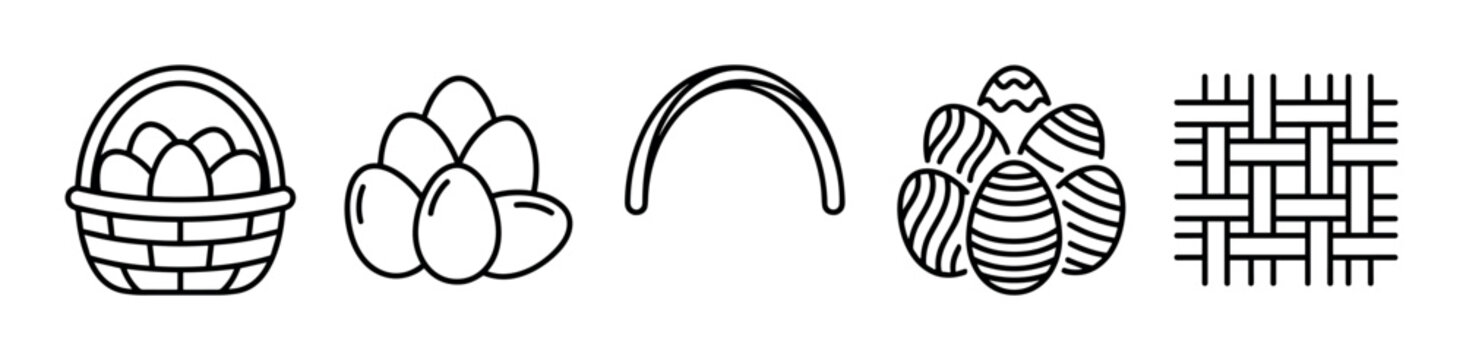 Set of black line art Easter icons featuring a woven basket with eggs, decorated eggs, a handle, and a wicker texture pattern for spring holiday graphic design