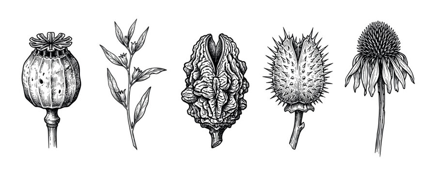 Five hand-drawn botanical ink illustrations of various medicinal and psychoactive plants including poppy, datura, and echinacea, rendered in a classic vintage scientific engraving style