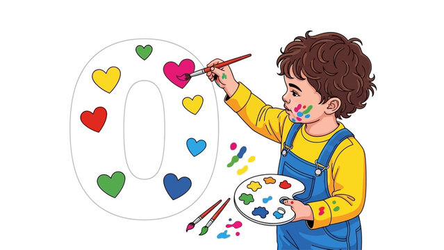 Child Painting Colored Hearts on Number Eight.