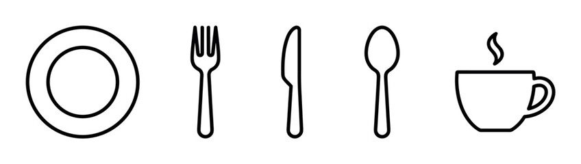 Minimalist black line icon set of dining utensils including a plate, fork, knife, spoon, and a steaming hot beverage cup, representing food, restaurant, and cafe concepts