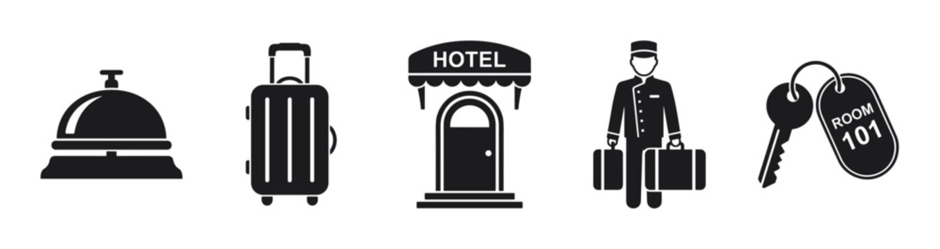 Set of black hotel service icons including a reception bell, luggage, entrance, bellboy, and room key, presented as a minimalist vector illustration collection for travel concepts