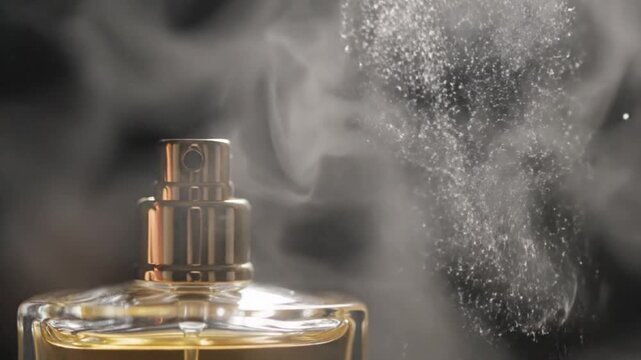 Perfume being sprayed from an elegant glass bottle, particles of the spray shimmering in the soft light, a luxurious atmosphere.