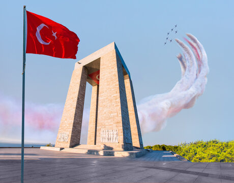Air Force aerobatic team performing demonstration flight over Canakkale Martyrs' Memorial against to Dardanelles Strait -  &Ccedil;anakkale, Turkey