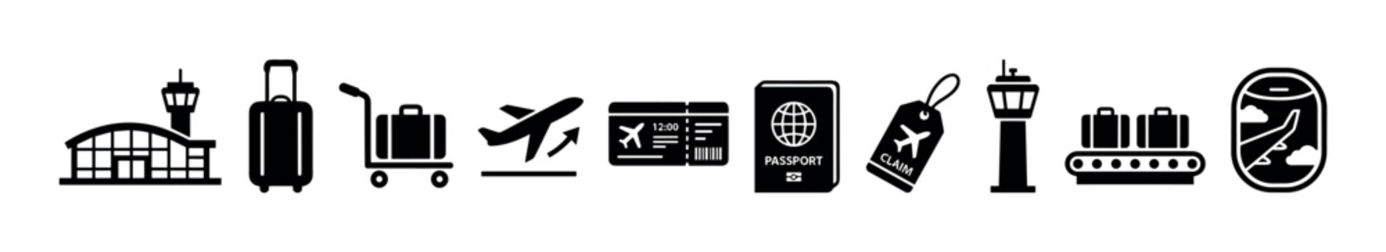 Collection of black silhouette travel icons representing various airport elements like luggage, passport, boarding pass, airplane flight, and terminal building for transportation design