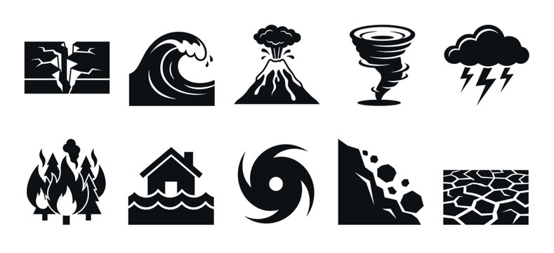 Collection of ten black natural disaster icons including a volcano, tornado, tsunami, and earthquake presented as a set of simple, minimalist glyphs and weather symbols