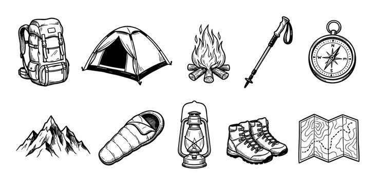 Hand-drawn camping and hiking equipment icons set featuring a backpack, tent, campfire, compass, and boots in a vintage sketch style