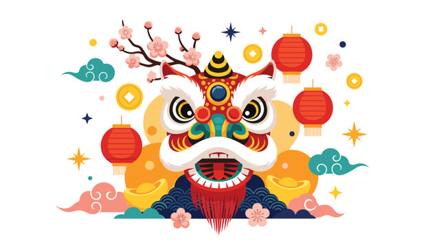 Vibrant Chinese lion dance head illustration surrounded by plum blossoms, lanterns, coins, and clouds for festive celebrations.