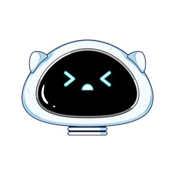 Cute kawaii robot head with squinting closed eyes and a downturned mouth showing sadness, pain or malfunction, simple vector cartoon avatar on white background, emotive tech icon