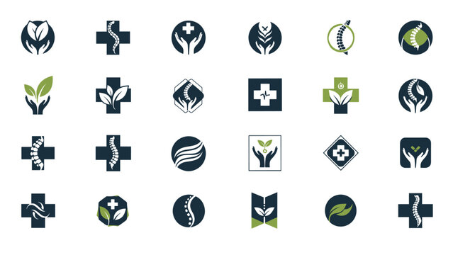 Extensive collection of chiropractic and spine health logos featuring symbols like spines, medical crosses, leaves, and hands.
