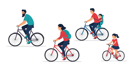 Obraz premium Group of people of various ages riding bicycles including a father with a child in a seat and a young girl on a red bike.