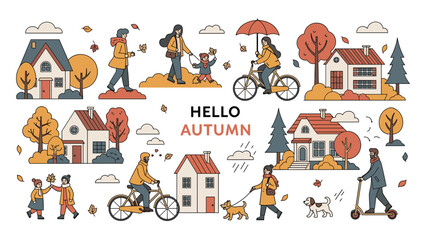Fototapeta premium Charming hello autumn illustration featuring people walking dogs, riding bikes, and colorful houses in a scenic neighborhood.