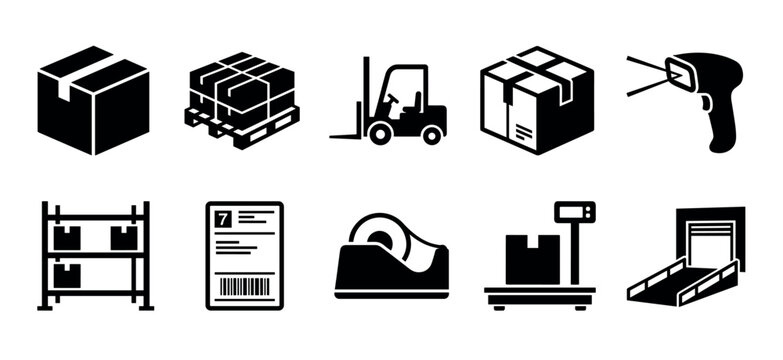 Set of black logistics and shipping icons representing warehouse operations, including a forklift, pallet, box, barcode scanner, scale, and other supply chain symbols