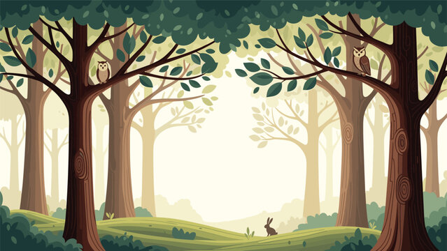 Peaceful woodland landscape scene featuring tall trees two owls on branches and a small rabbit in a quiet green forest clearing.