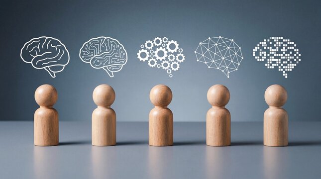 Brainstorming and different thinking styles represented by human figures and brain graphic designs creative idea process