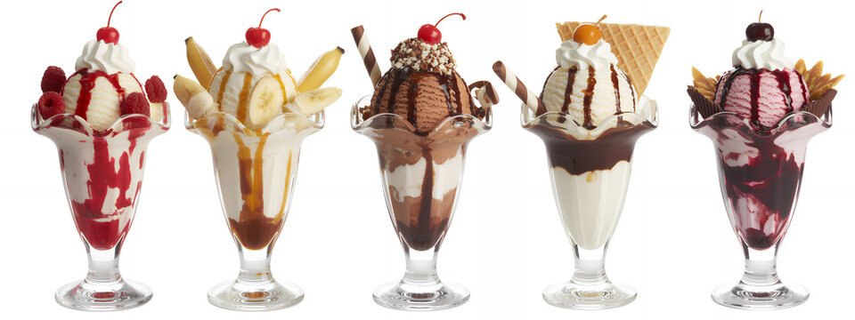 Five sundaes with ice cream and toppings desserts glasses