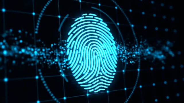 Digital fingerprint scan with glowing blue lines.