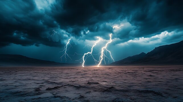 Dramatic lightning strikes across stormy sky over a barren landscape