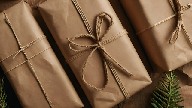 Sustainable packaging flat lay with kraft paper textures,  top view, clean composition