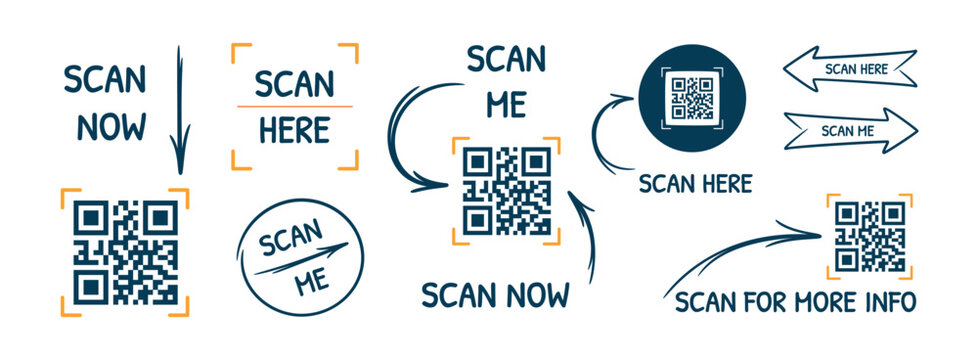 QR scan call-to-action elements set. Scan now, scan here and scan me labels with arrows and QR code frames. Modern minimal vector templates for mobile apps and websites