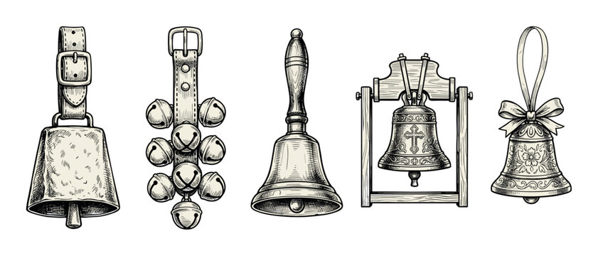 Vintage hand-drawn bells collection in an engraving style, including a cowbell, jingle bells, a handbell, a church bell, and a decorative holiday ornament