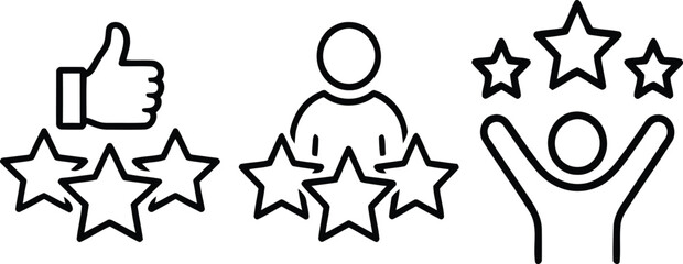 Fototapeta premium Set of customer rating and human success icons featuring thumbs up five stars profile and celebrating person figure