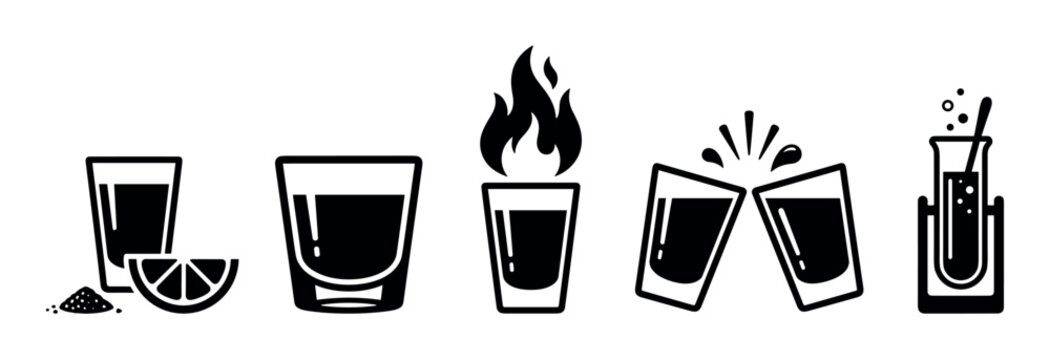 Collection of black shot glass icons showing different ways to drink spirits, including with salt and lime, a flaming shooter, a toast, and a test tube cocktail in a minimalist style