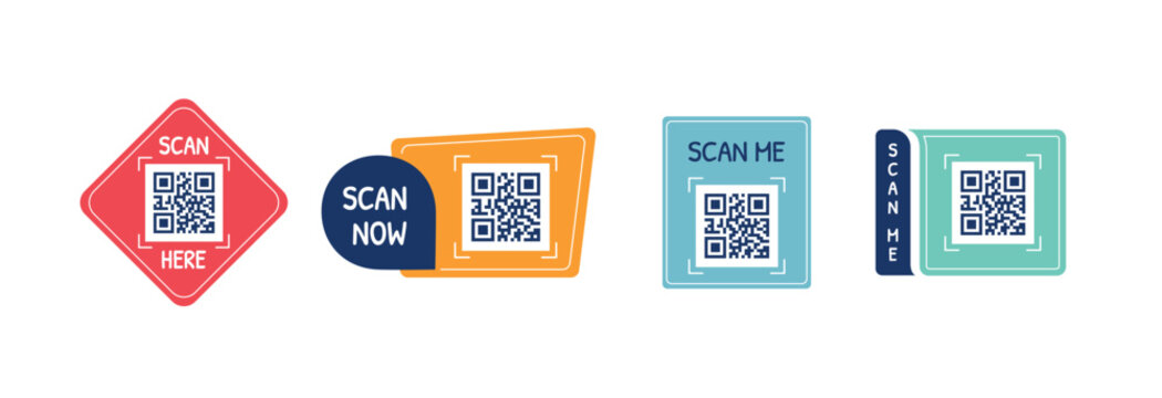 Minimal QR scan frames and labels with scan now and scan here text. Clean vector interface elements for apps, marketing banners and digital design