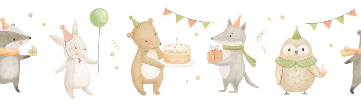 Seamless border with birthday woodland animals on isolated background. Endless print perfect for wallpaper, baby greeting. Watercolour wolf, bear and bunny in party hat