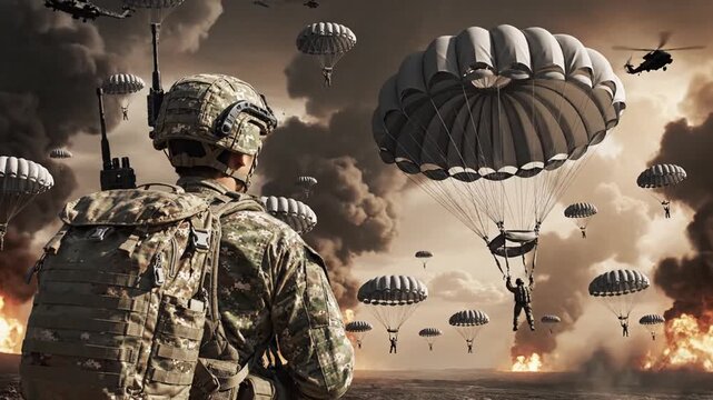 Soldiers parachute into battle zone with smoke and fire rising.