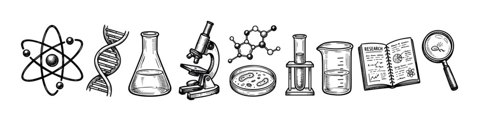 Fototapeta premium Hand-drawn science and research icons set featuring an atom, DNA, microscope, molecule, and laboratory glassware in a black and white sketch style for educational concepts