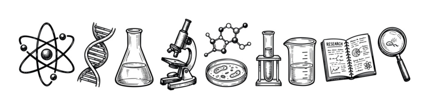 Hand-drawn science and research icons set featuring an atom, DNA, microscope, molecule, and laboratory glassware in a black and white sketch style for educational concepts