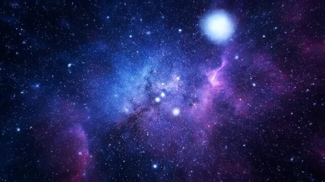 Vibrant blue and purple nebula with twinkling stars. Dynamic cosmic background for science fiction and abstract themes.