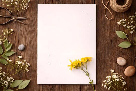Blank white card mock-up with yellow wildflowers and twine on a rustic wooden background.