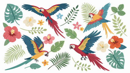 Vibrant jungle birds fly amidst colorful tropical flowers and lush greenery in a lively illustration pack