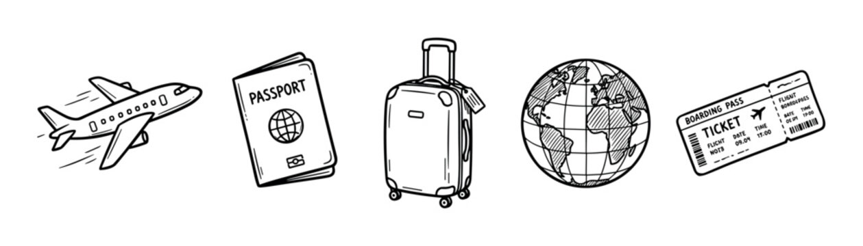 Hand-drawn travel and tourism icon set featuring an airplane, passport, luggage, globe, and boarding pass in a black and white doodle sketch style for vacation concepts