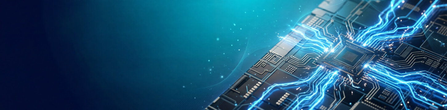 Horizontal banner of a central microchip on a circuit board with glowing blue energy lines, representing AI and high technology
