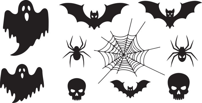 Halloween icons including bats, ghosts, spiders, and skulls symbols