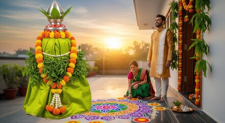 Naklejka premium happy young indian couple celebrating gudhi padwa festival together at home