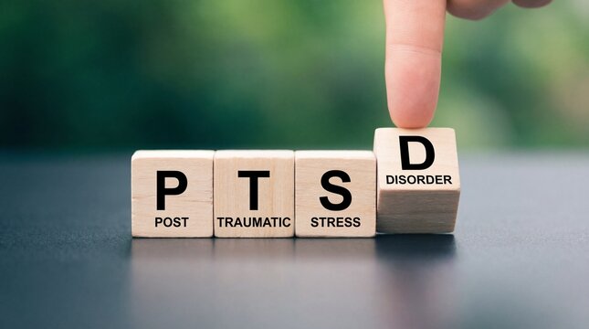 Ptsd post traumatic stress disorder shown on wooden blocks with a finger adding d for disorder mental health