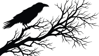 Naklejka premium Black raven silhouette perched on twisted tree branch vector illustration, spooky gothic bird wildlife nature design