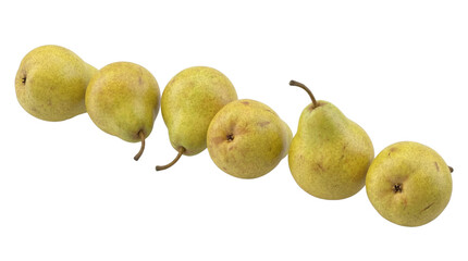 A group of ripe Williams pears on a transparent background, showing their distinctive shape, yellowish-green skin, and delicate stems in a studio shot, perfect for culinary or agricultural use.