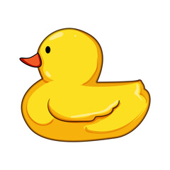 Yellow rubber duck toy with orange beak, cheerful smiling bath toy symbolizing childhood play, innocence and clean fun, isolated on white for studio or product use