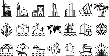 Middle east icons including modern skyscrapers traditional dhow boat and desert camel for tourism and city exploration themes © MRSTOCK LAB