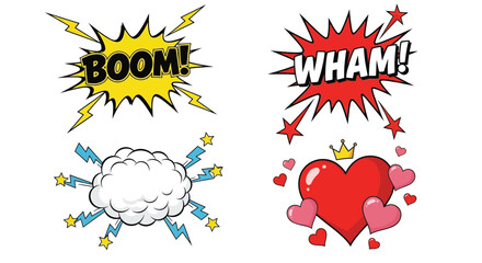 Comic speech bubbles and heart explosion icons vector © MrRiponIslam
