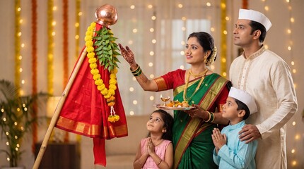 Fototapeta premium happy indian family celebrating gudhi padawa festival together at home