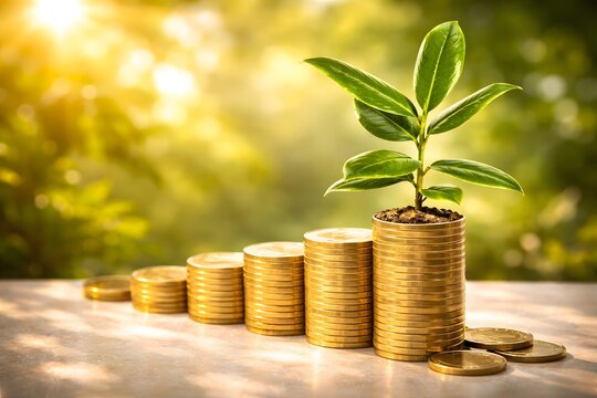 Business growth and wealth accumulation concept with a sapling sprouting from golden money stacks.